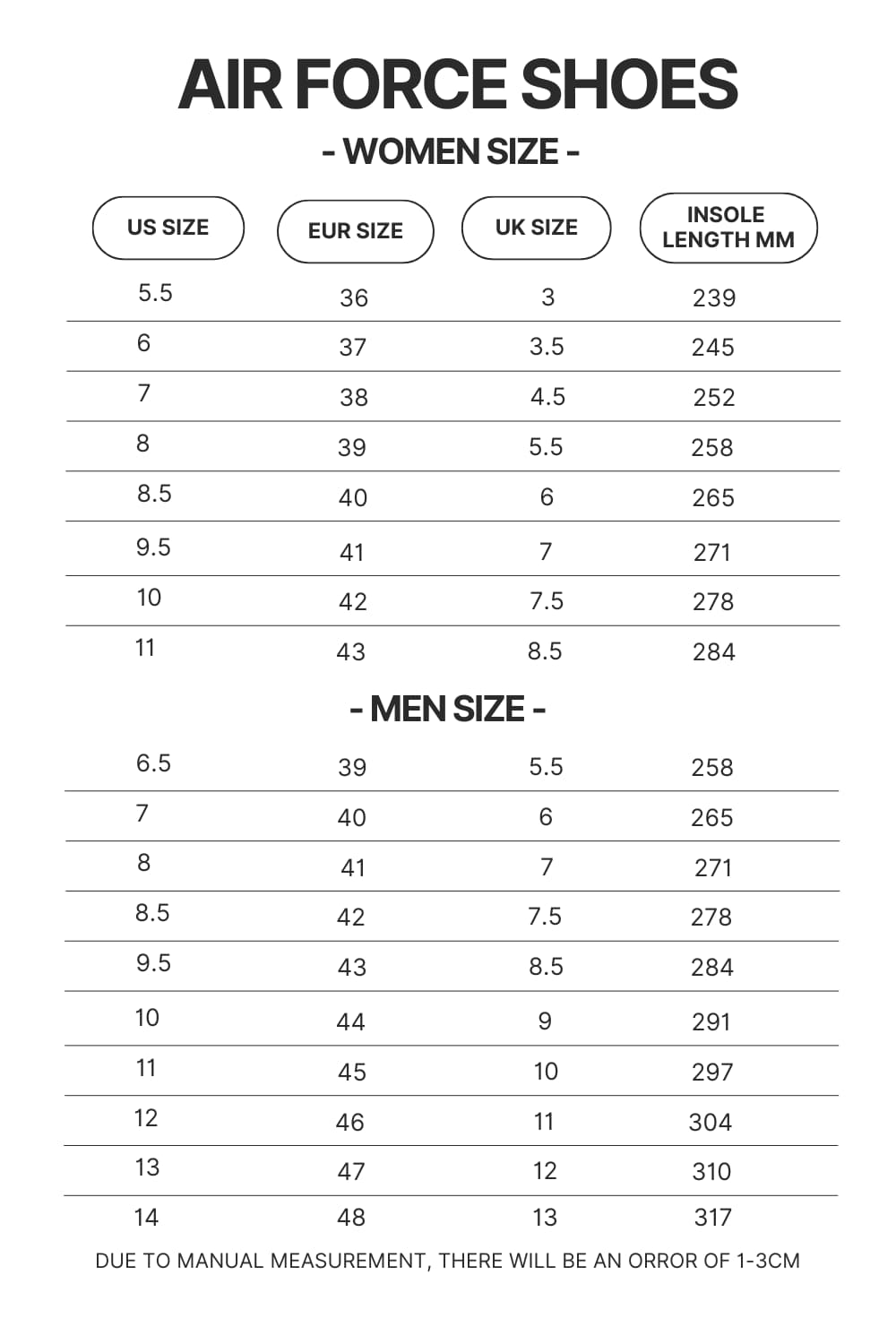 Air Force Shoes Size Chart - Demon Slayer Shoes