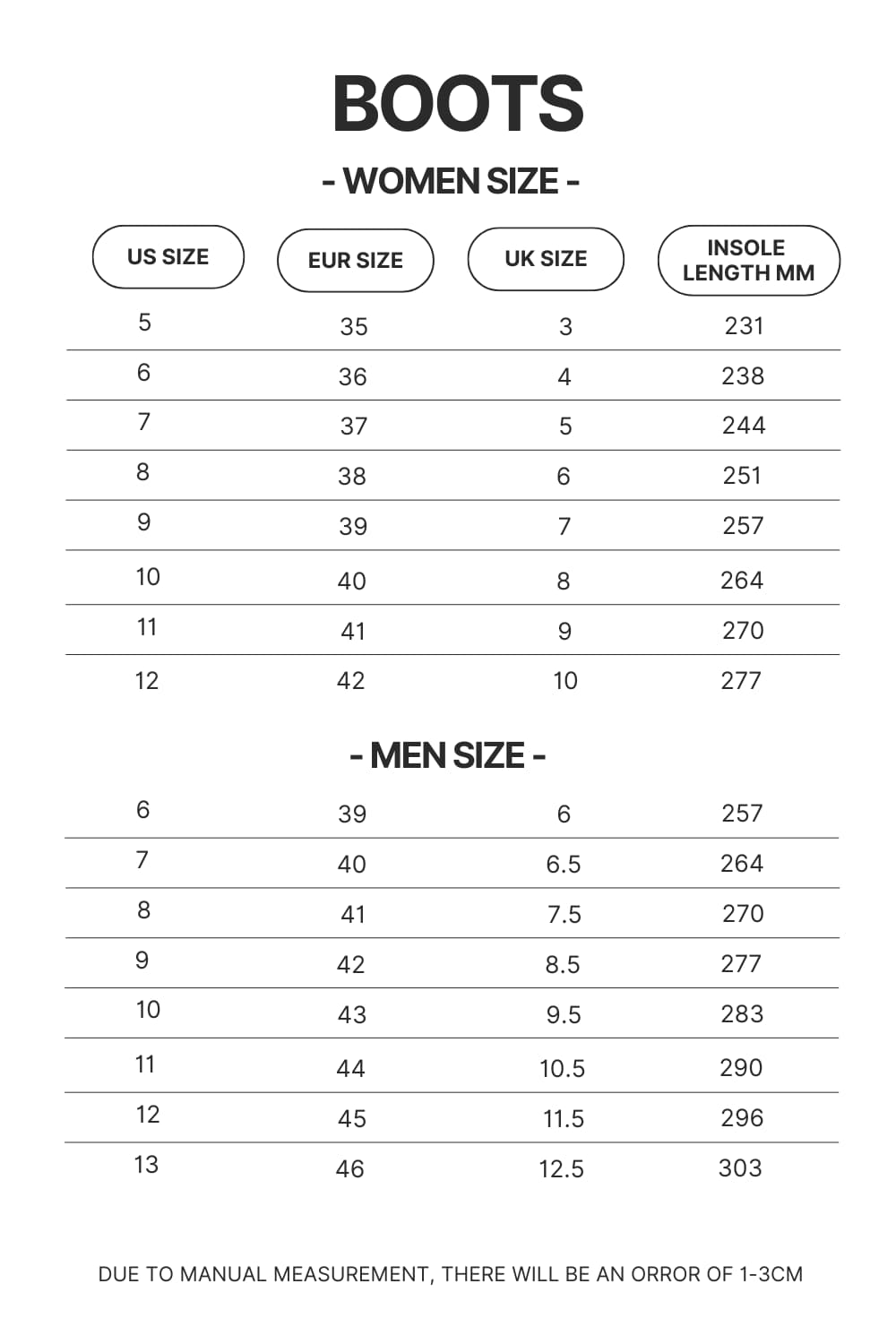 Boots Size Chart - Demon Slayer Shoes