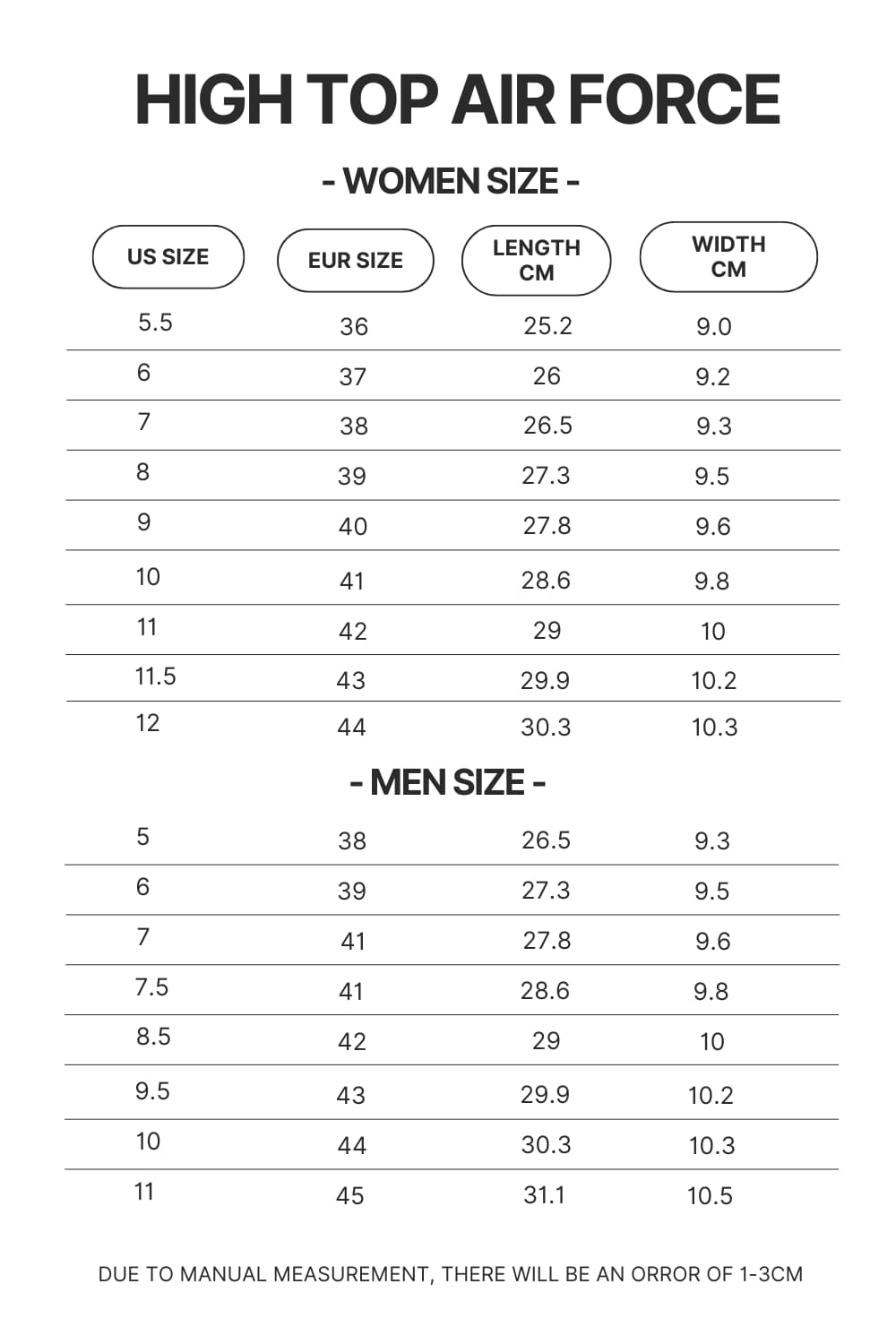 High Top Air Force Shoes Size Chart - Demon Slayer Shoes