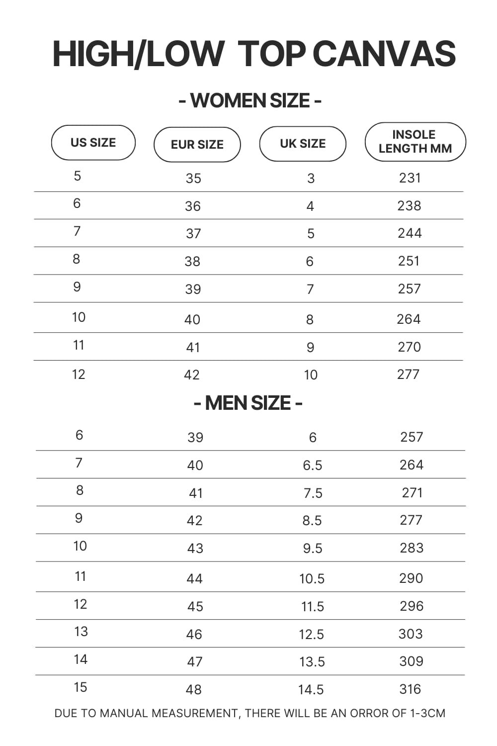 High Top Low Top Canvas Shoes Size Chart - Demon Slayer Shoes
