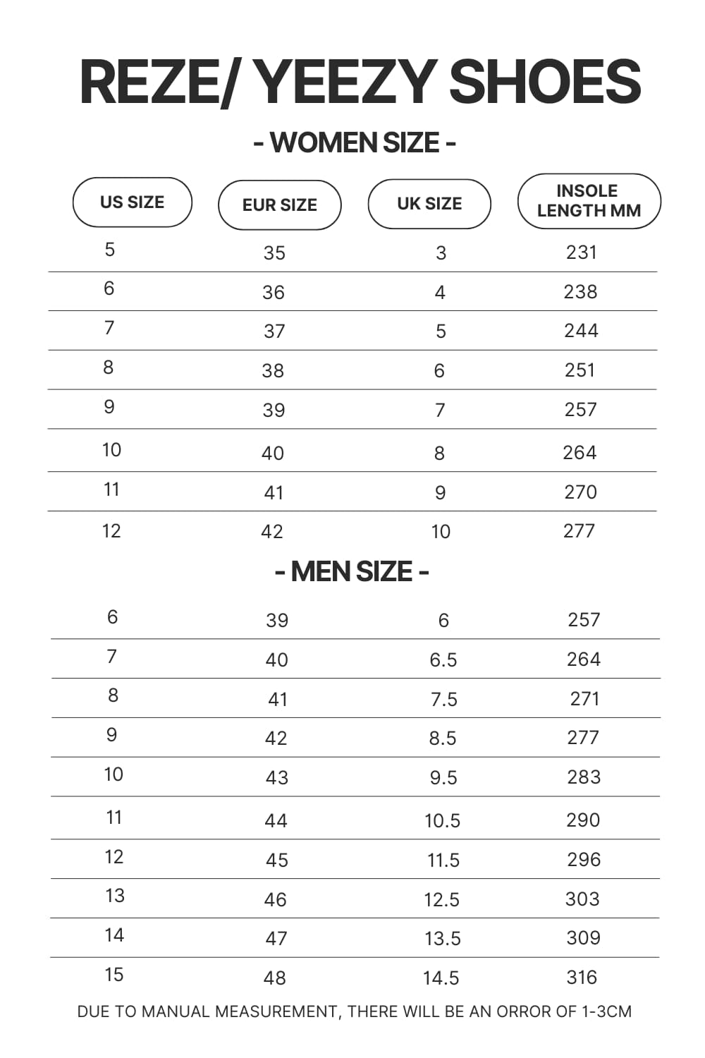 Reze Yeezy Shoes Size Chart - Demon Slayer Shoes