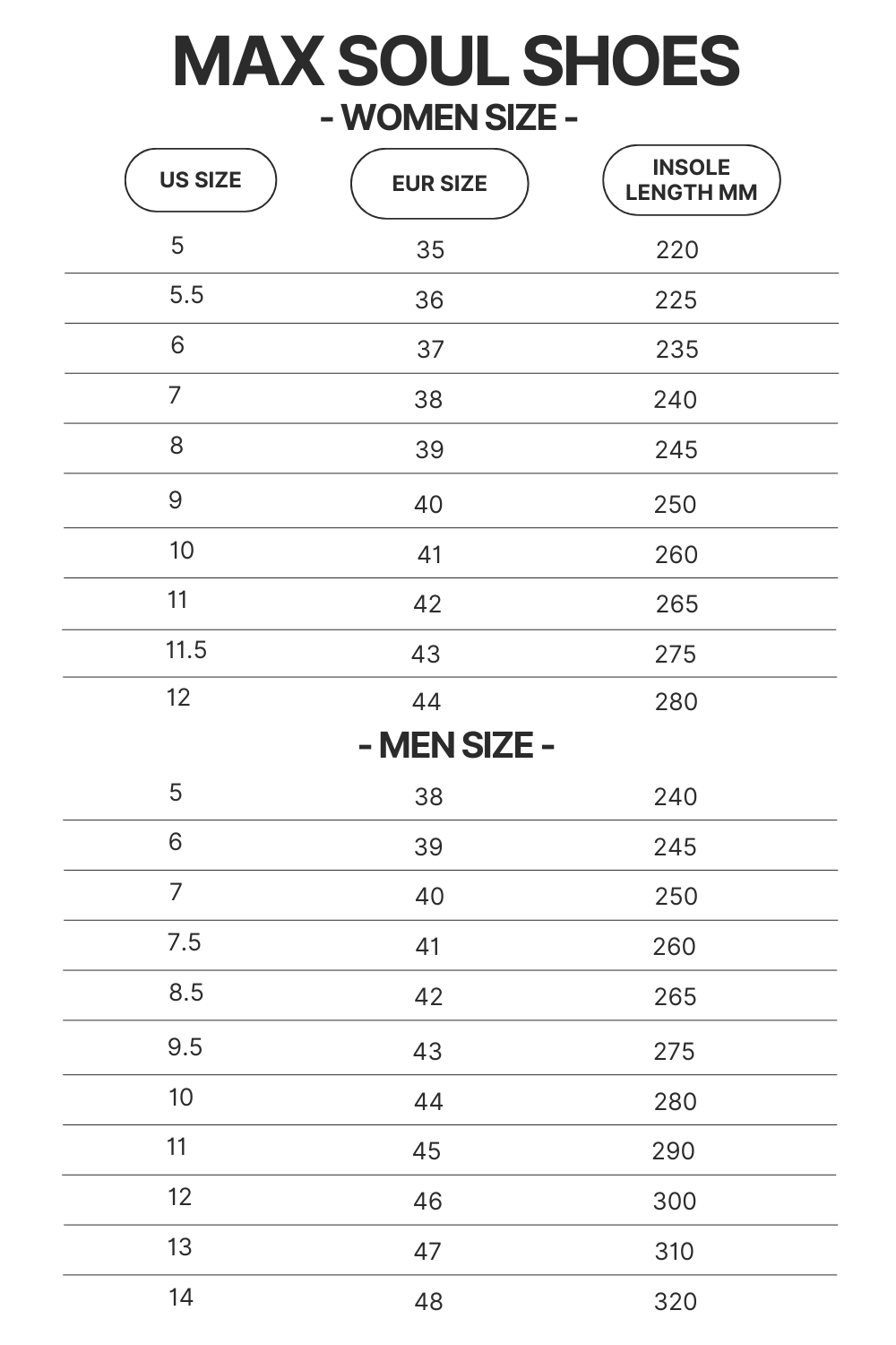 Product Size chart