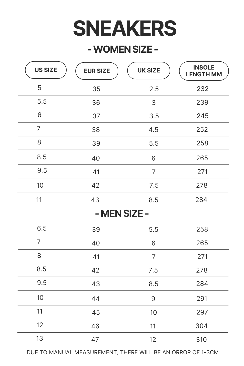 Product Size chart