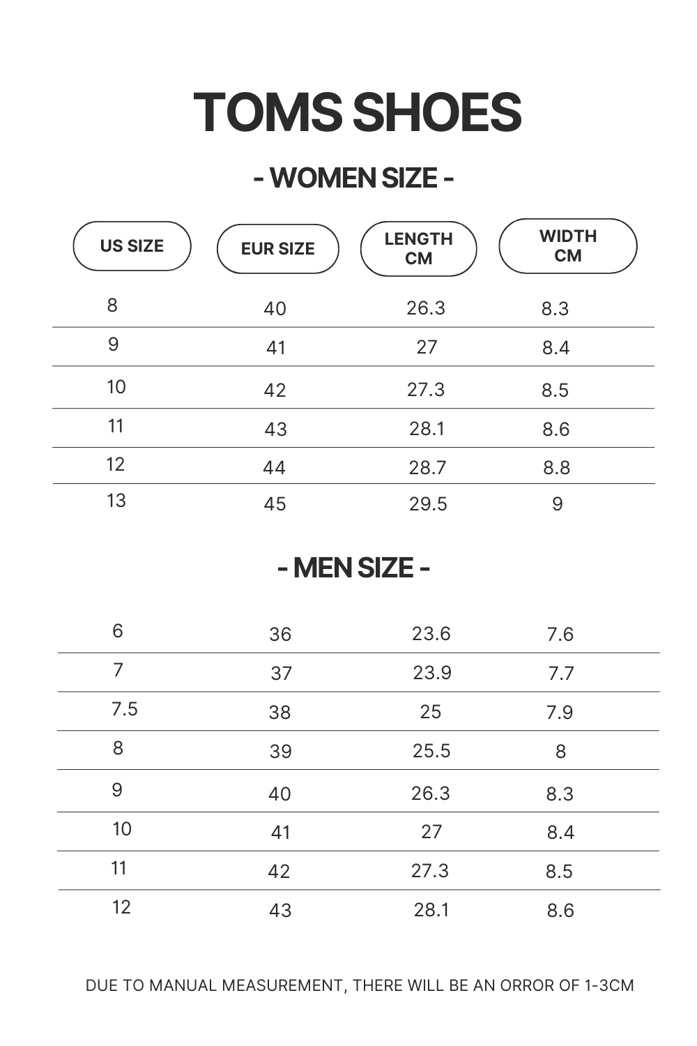 Product Size chart