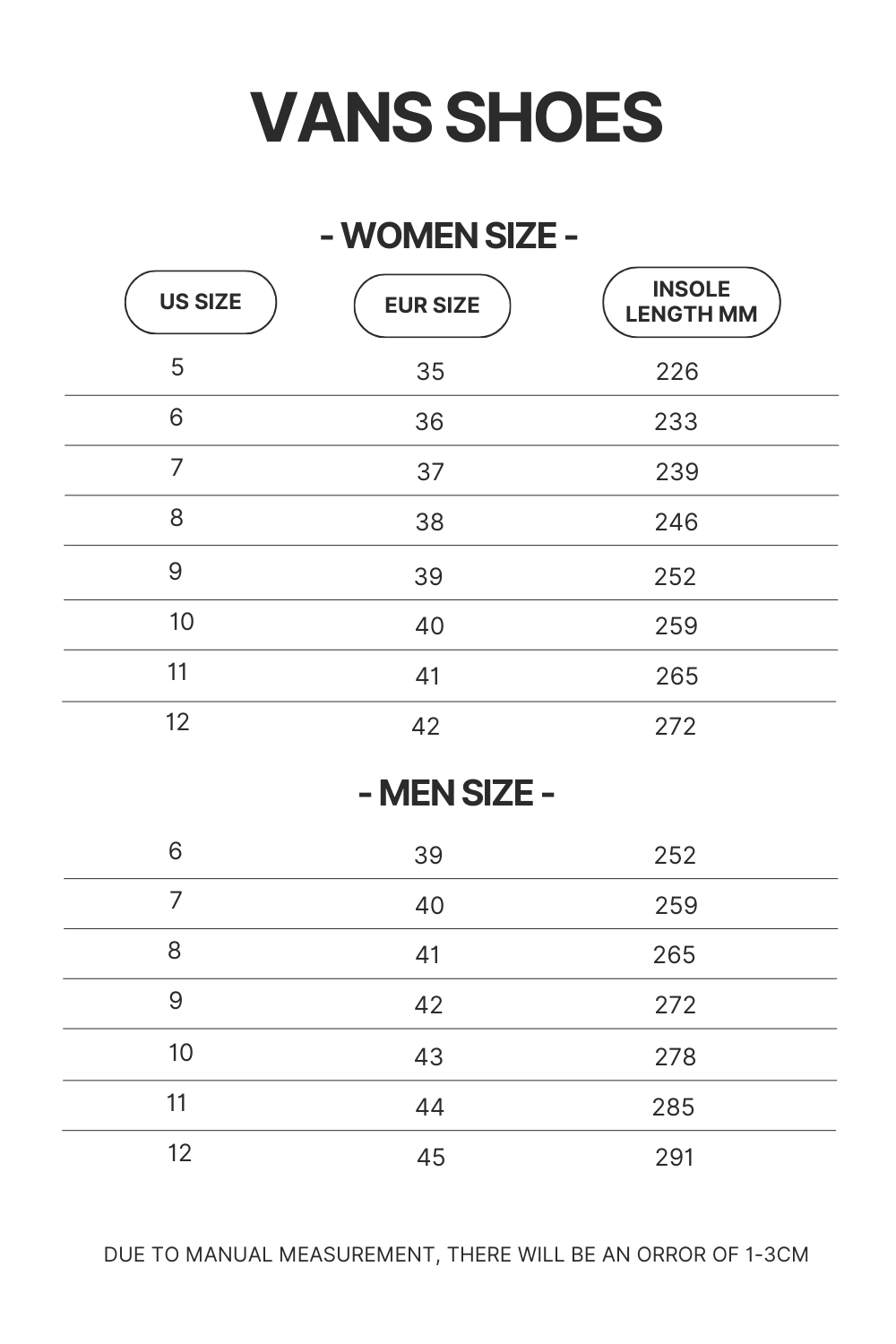 Product Size chart